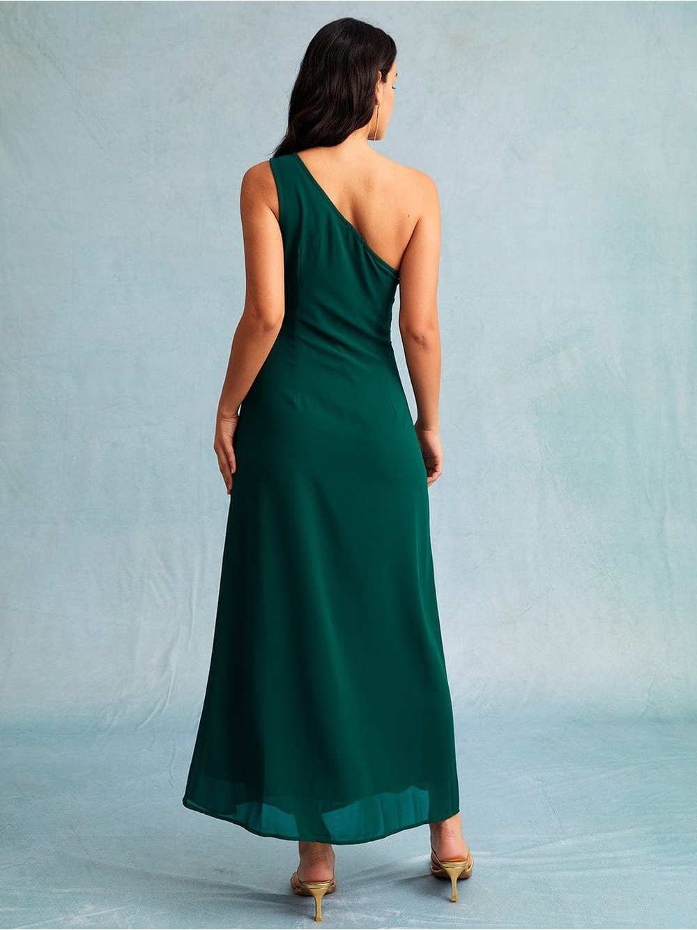 One-Shoulder Emerald Green Evening Dress with Leg Slit - Picture 3 of 3